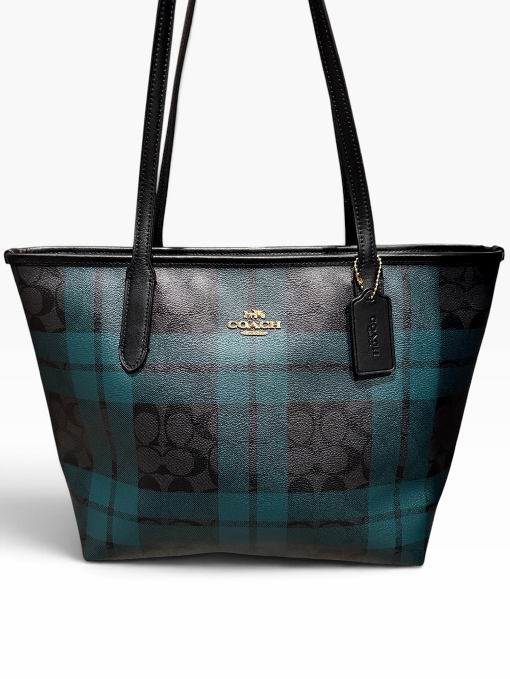 Coach City Zip Tote F30023 Tartan Plaid Signature Green Black Coated Canvas